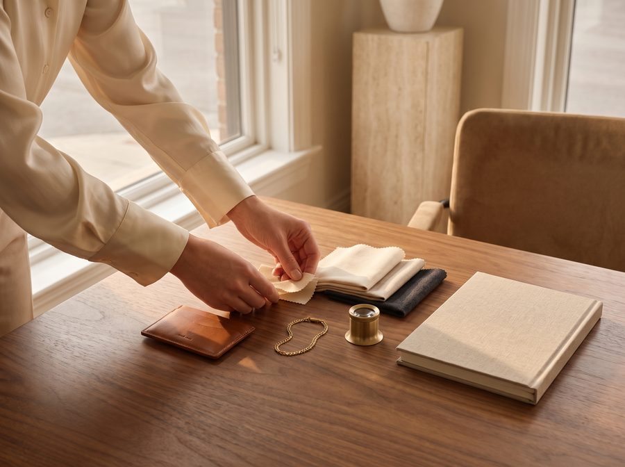 Curated objects arranged on a walnut atelier table